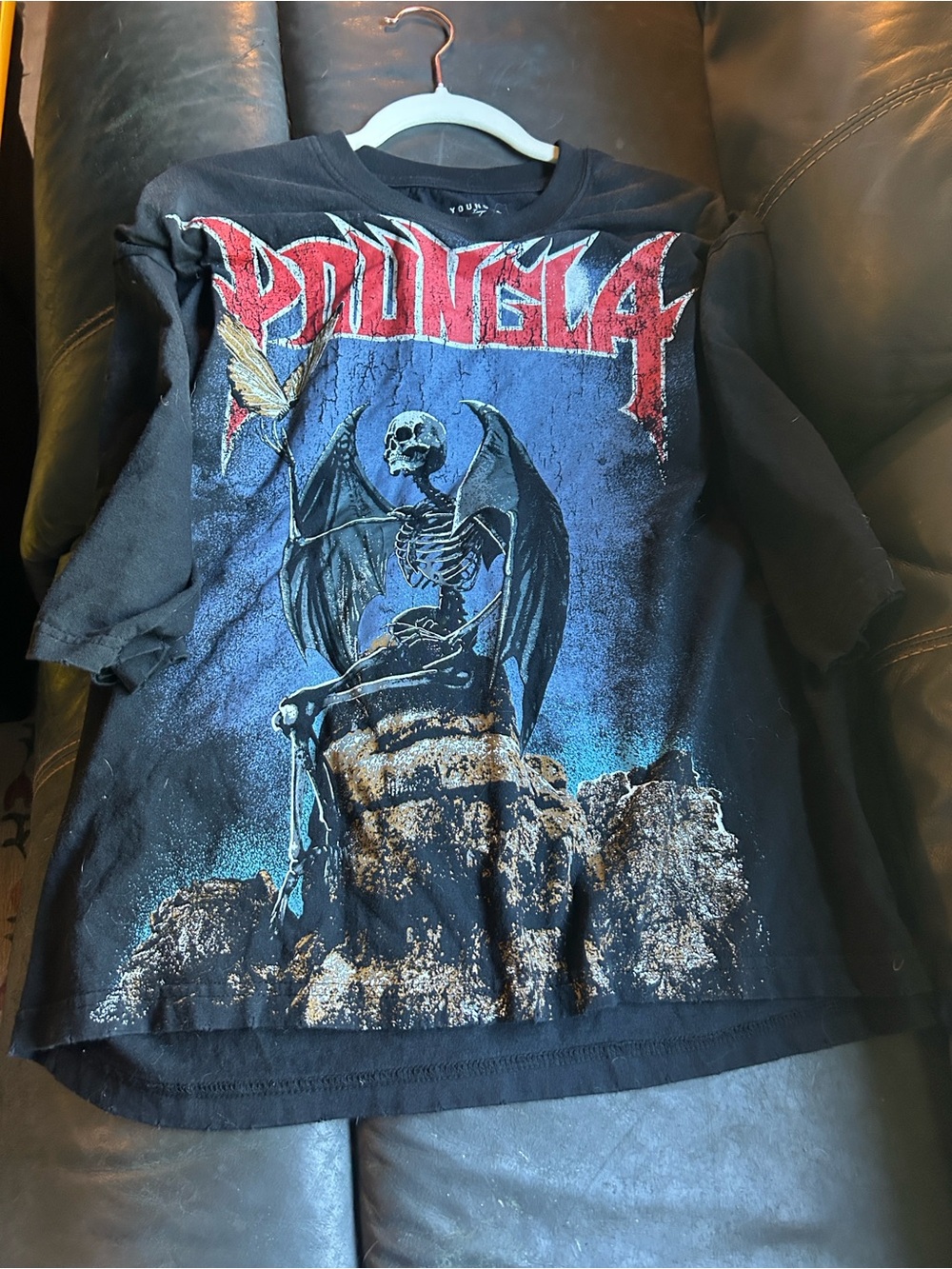 YoungLA Black Graphic Skeleton Winged Monster Tee with Red Logo